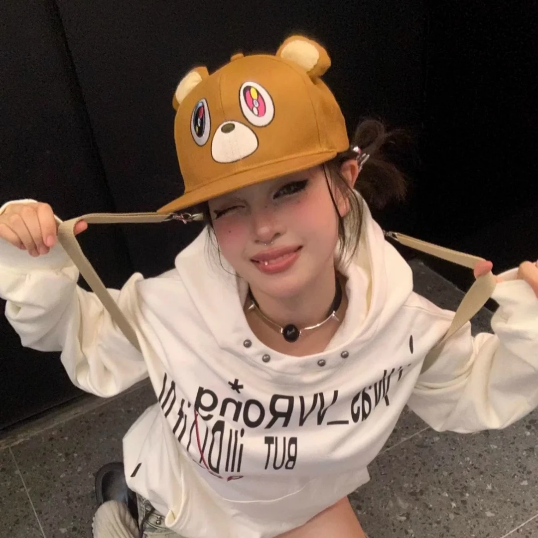 甜酷辣妹辍学熊平檐鸭舌帽子女y2k时尚百搭显脸小遮阳防晒棒球帽