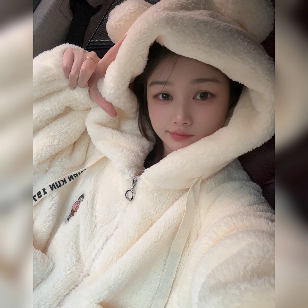 5091 冬季暖炉纯色连帽加绒加厚睡衣宽松软糯保暖可外穿家居服