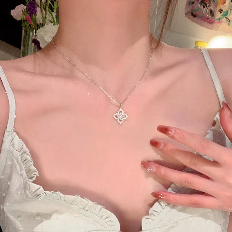坠链均925银锆石 925银镂空四叶花项链女轻奢高级感颈链锁骨链