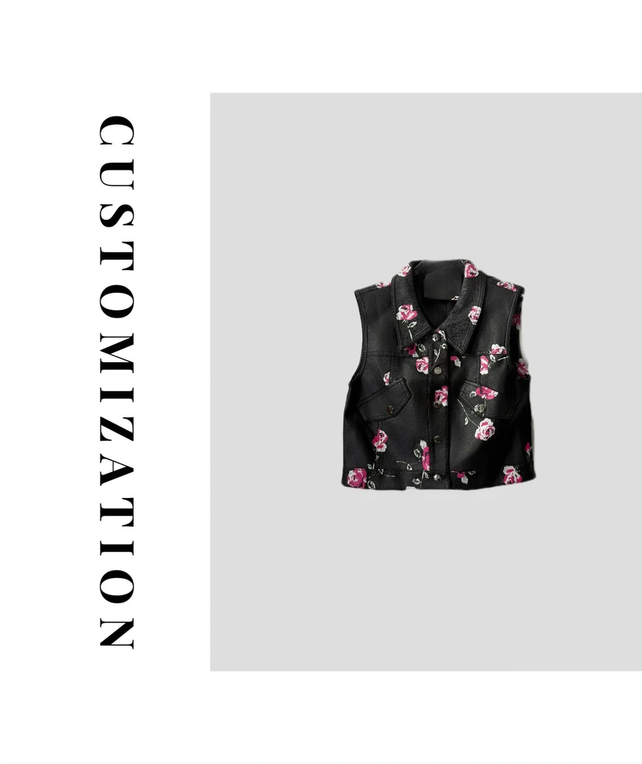 2025年春款黑色拼接粉色花朵女款皮衣