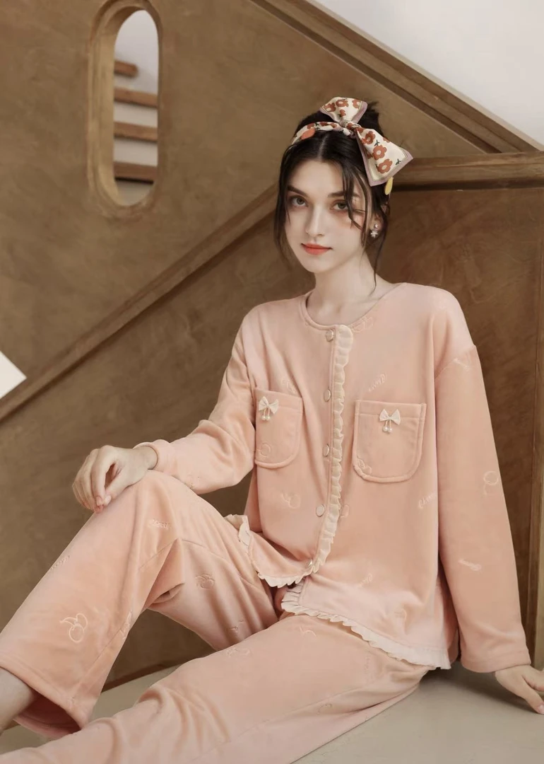 琦欣家双面绒睡衣女秋冬款甜美海岛绒家居服套装