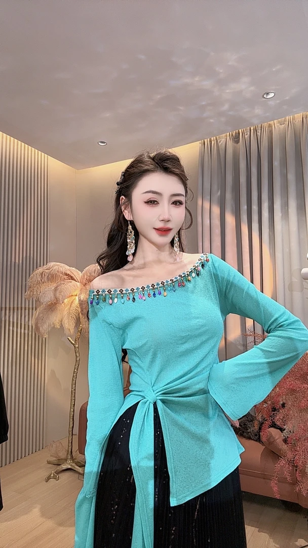 【美美专享】53322春季修身不规则开叉系带长袖防晒一字肩T恤上衣女