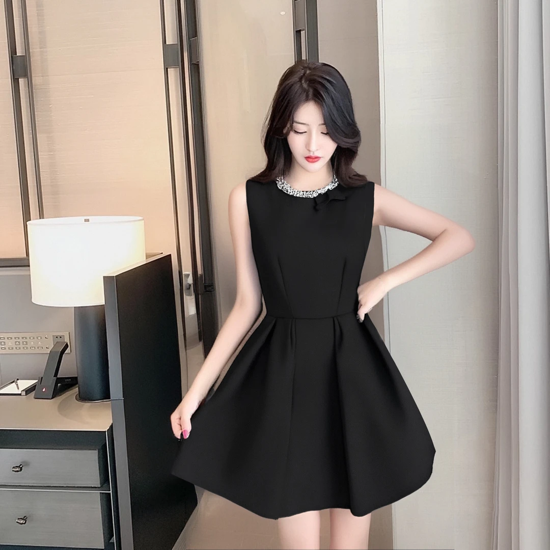 【gy】法式珍珠领风蝴蝶结背心女气质千金无袖小黑裙礼服裙子D3047