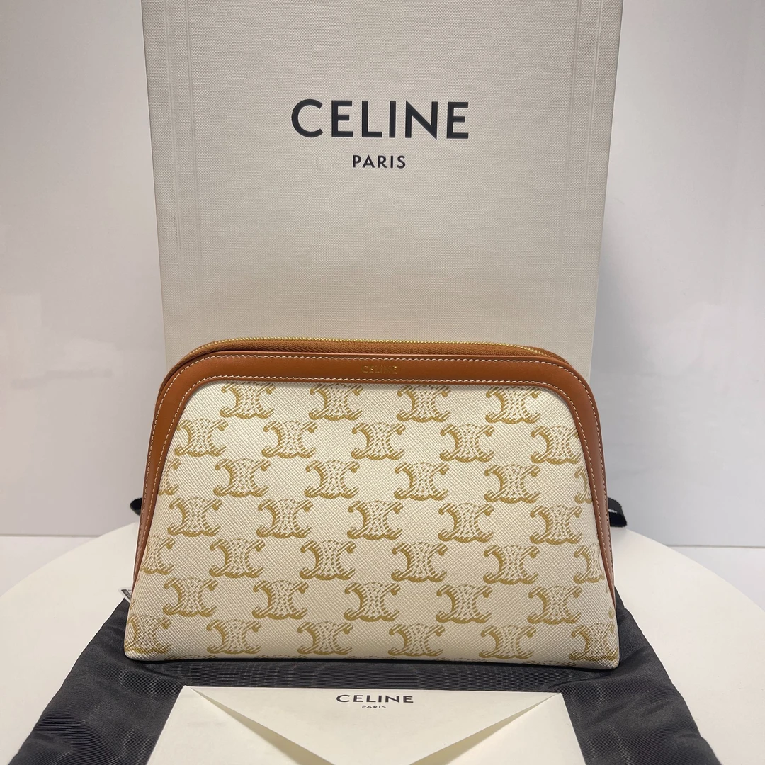 99新 Celine/思琳 米白凯旋门化妆盒贝壳/手拿时尚女士包