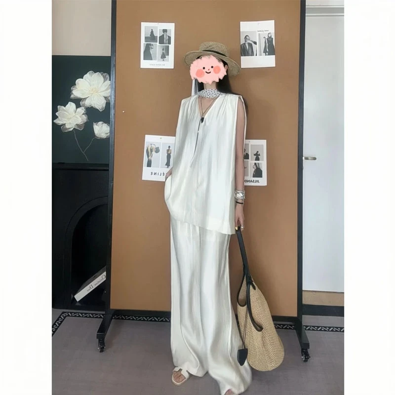 2025年韩系休闲无袖v领套装女夏季高级感马甲背心阔腿裤两件套装