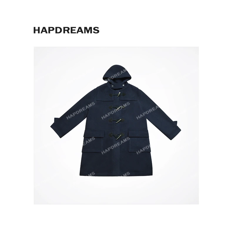 深蓝牛角扣大衣 秋冬复古质感连帽羊毛外套