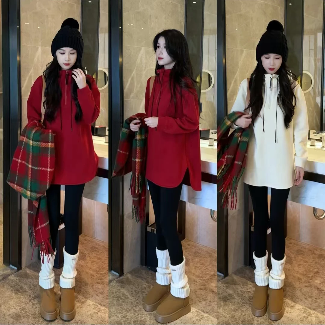 冬季新款时尚加绒连帽卫衣欧韩穿搭+打底裤两件套