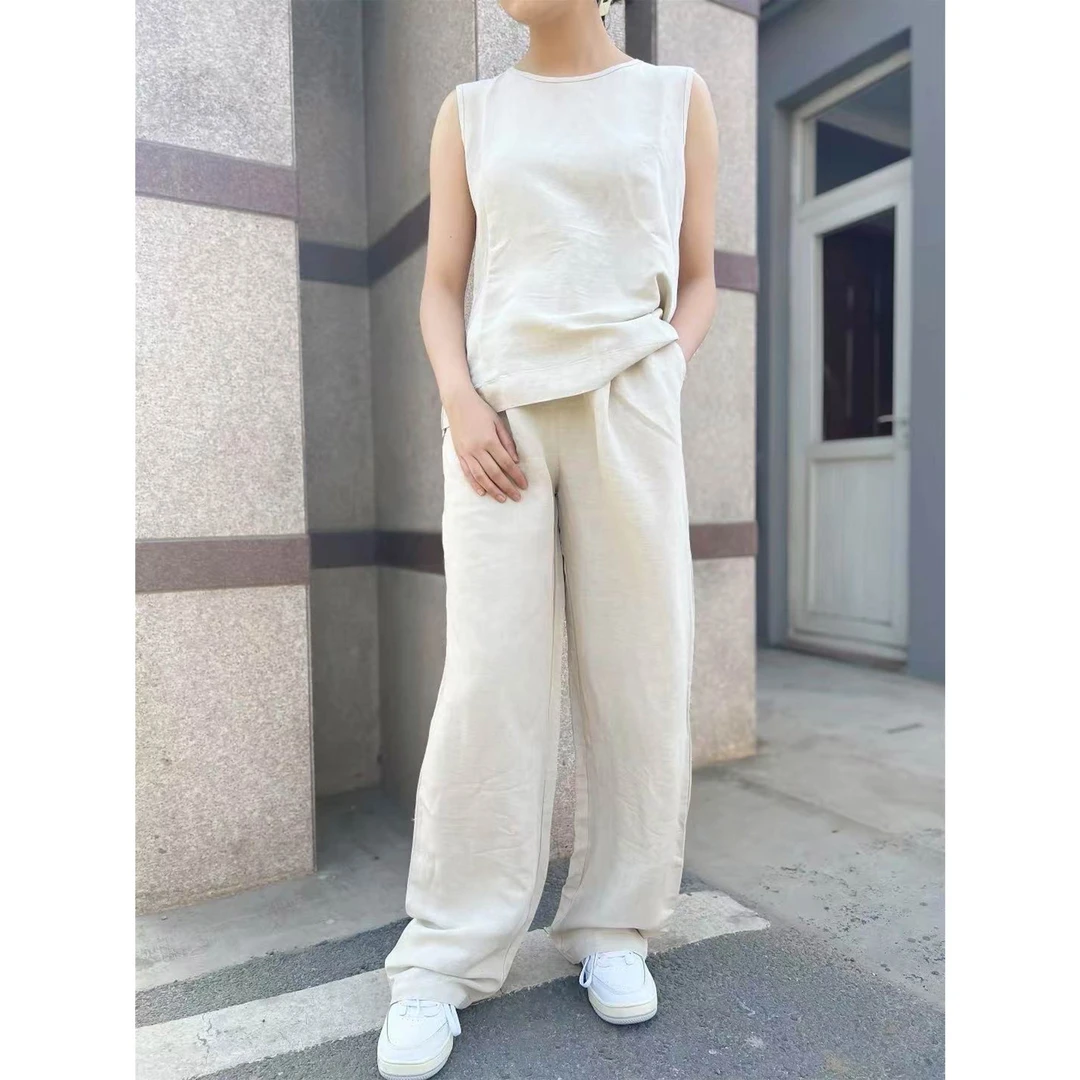 夏季韩系慵懒随性风宽松无袖设计感阔腿裤套装洋气上衣女