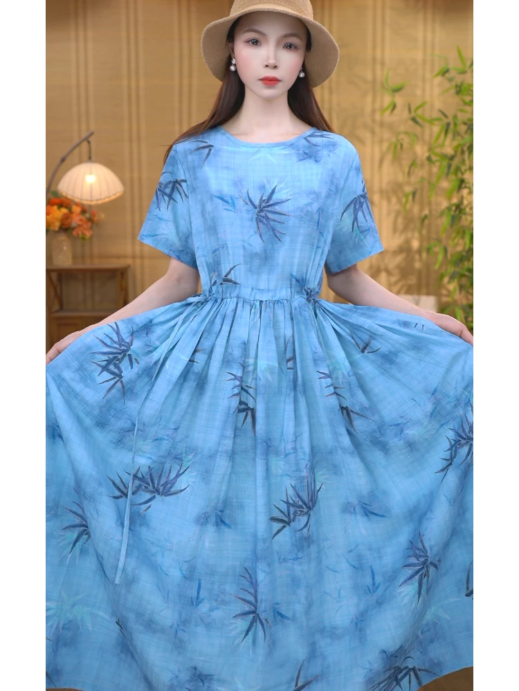 蓝竹叶 夏季新款大摆裙优雅洋气连衣裙大码宽松长裙妈妈装女
