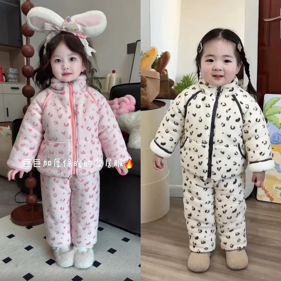 男女童睡衣套装冬季新款三层加厚保暖加绒加厚家居服套装