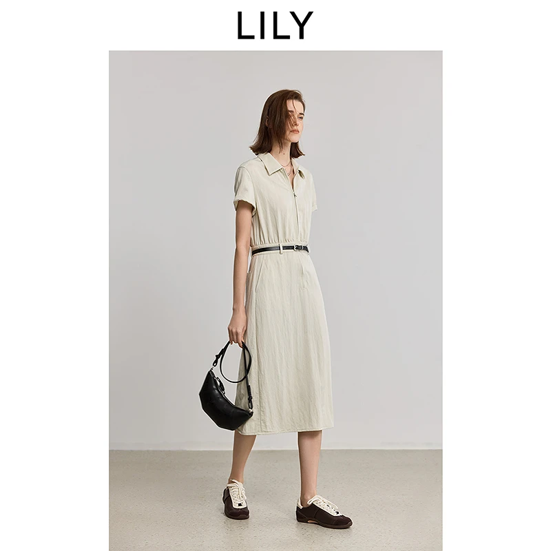 LILY2025夏工装风拉链翻领收腰连衣裙女125229C7E13
