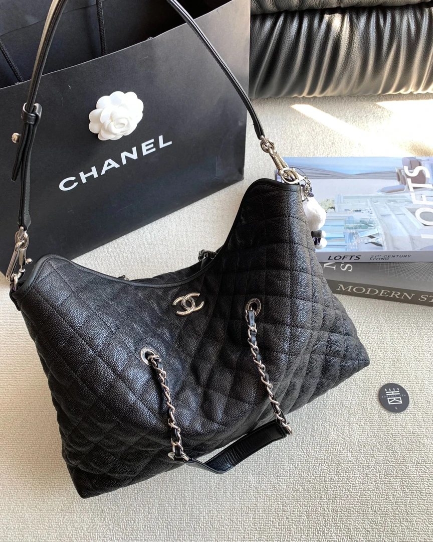 95新 Chanel/香奈儿 黑银鱼子酱2way hobo包大号38cm 16619072