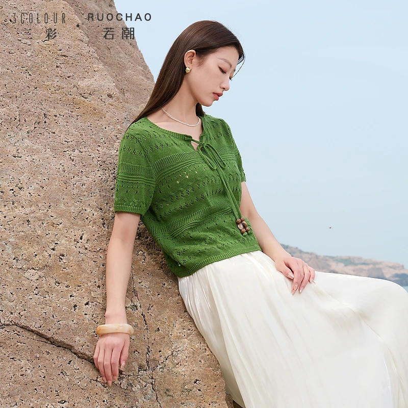 【商城专享】三彩大码女装夏圆领针织衫镂空短袖清新度假