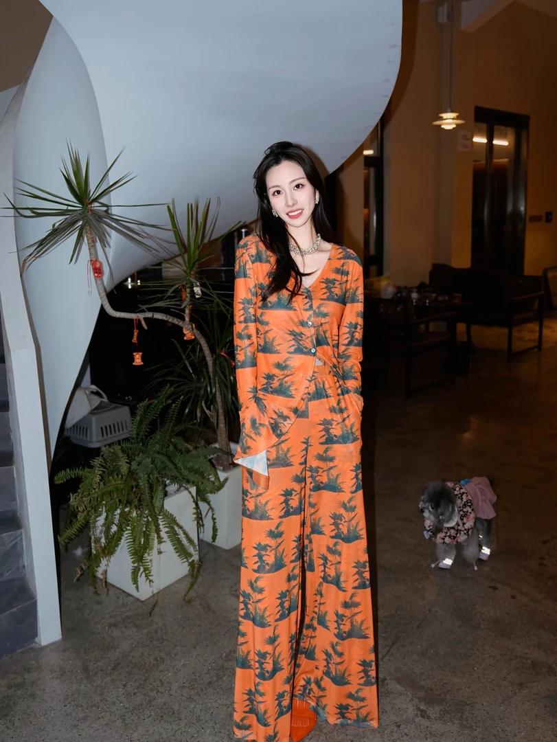 HZHJ新款原创设计师款   橙韵竹影套装裤 显白显瘦高端轻奢1783