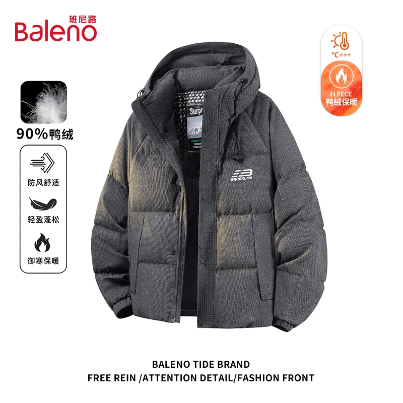 班尼路冬季保暖加厚羽绒服男2025新款潮牌连帽面包服男士休闲外套