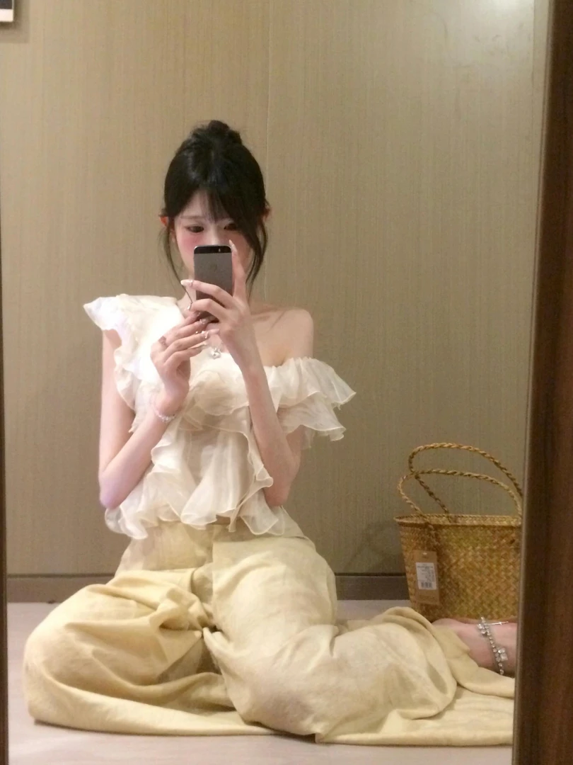 法式高级感荷叶边斜肩露肩上衣女高腰宽松阔腿裤纯欲风两件套装夏