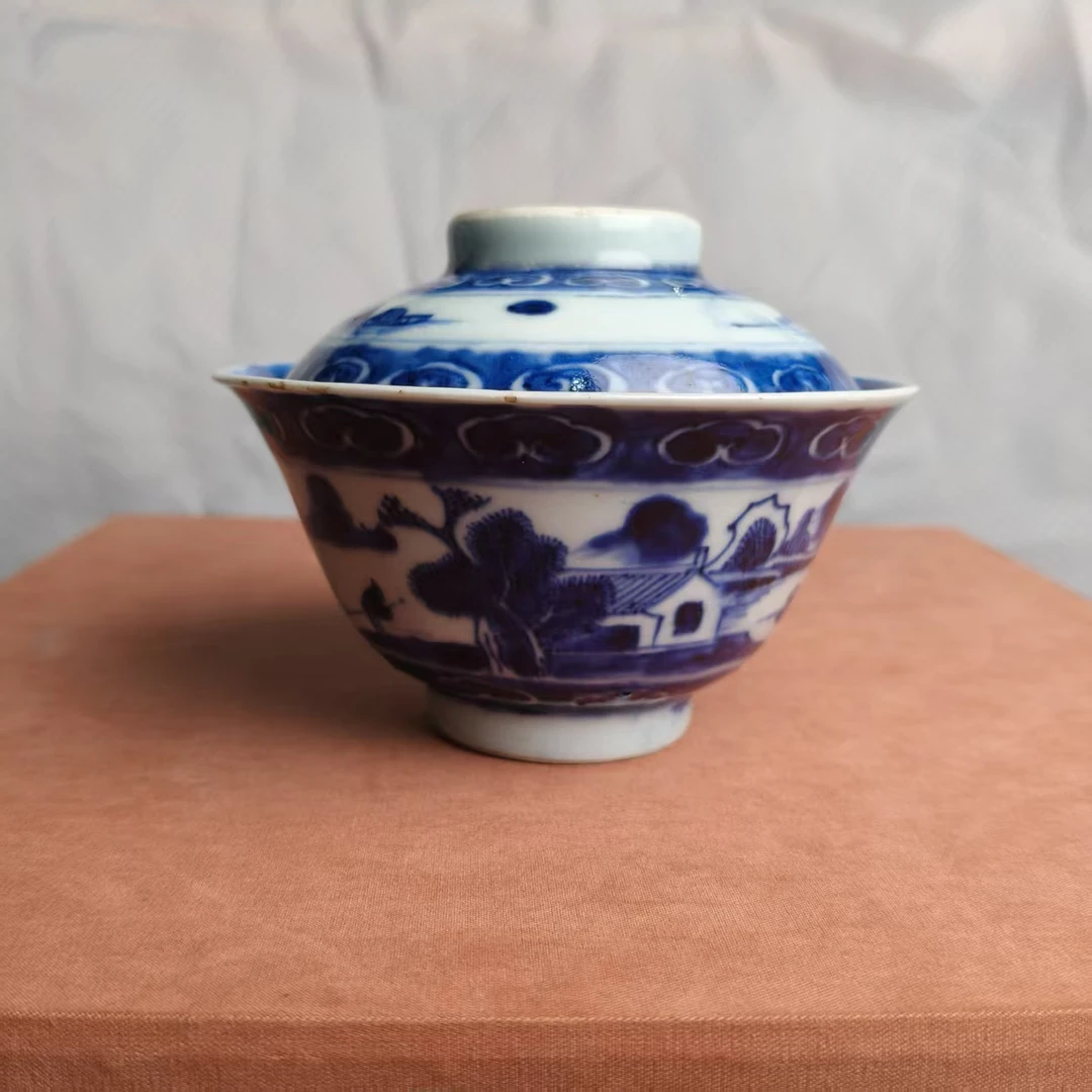 青花山水楼阁两才盖碗6880033