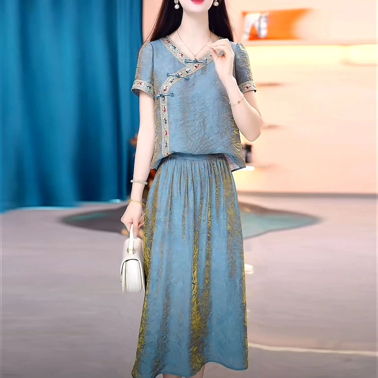 琉璃丝时尚国风上衣半身裙套装2025夏季新款修身减龄两件套连衣裙