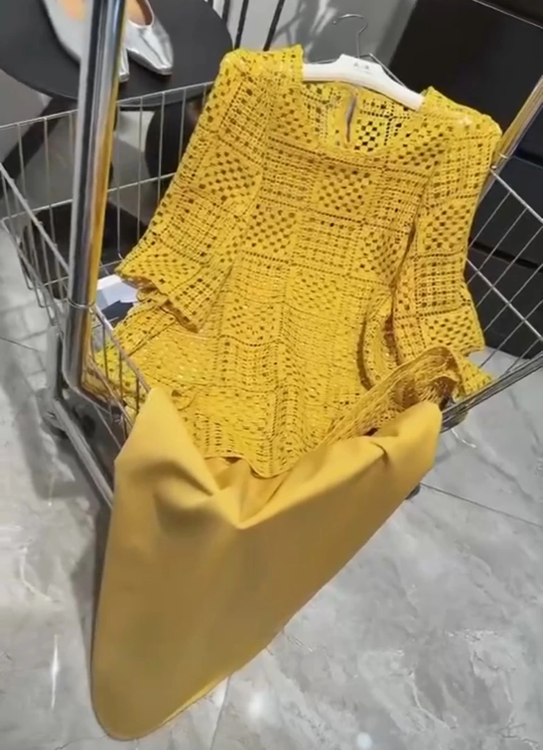 NY欧货钩花镂空针织衫2025夏季新款圆领半袖宽松显瘦气质百搭套装
