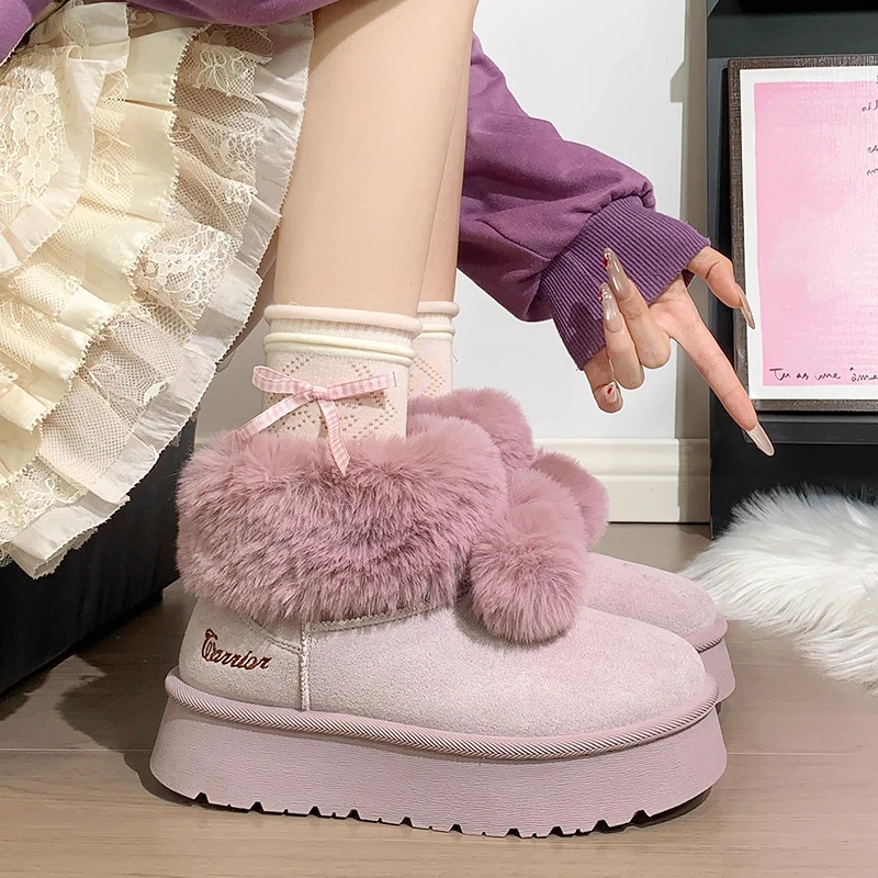 回力可爱毛球雪地靴女冬季加绒加厚保暖短筒靴时尚厚底棉鞋子女款