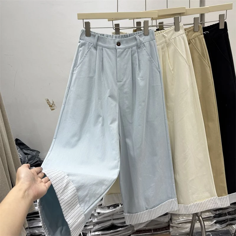 设计感条纹翻卷边阔腿裤女2025年新款复古宽松直筒九分休闲裤子潮