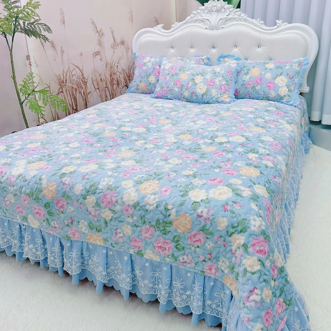 蕾丝花边升级款宝宝绒冬季夹棉加厚防滑绗缝可机洗床盖