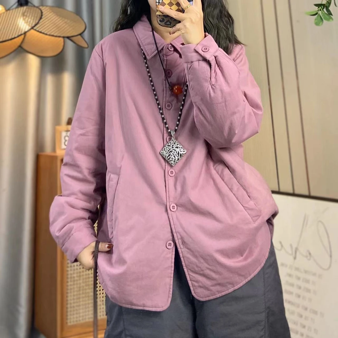 欣欣 冬季新款翻领长袖衬衫女薄款棉服加棉衬衫衬衣