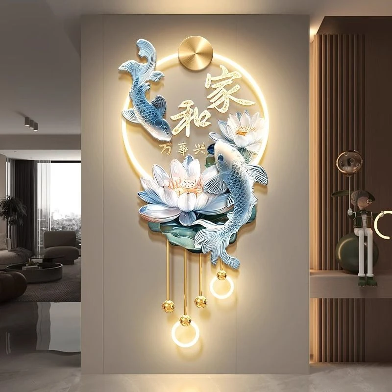 家和万事兴玄关装饰画新中式锦鲤荷花入户挂画珐琅彩走廊带灯壁画