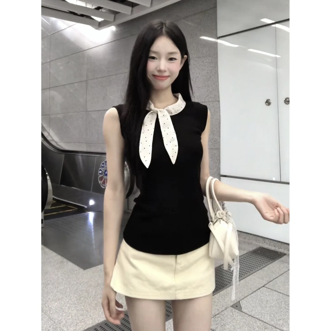 法式温柔风蝴蝶结拼接无袖背心女夏季减龄修身显瘦独特漂亮小上衣