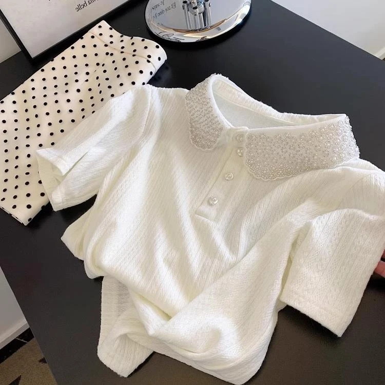 韩系钉珠Polo领短袖T恤女夏款正肩显瘦气质短款上衣