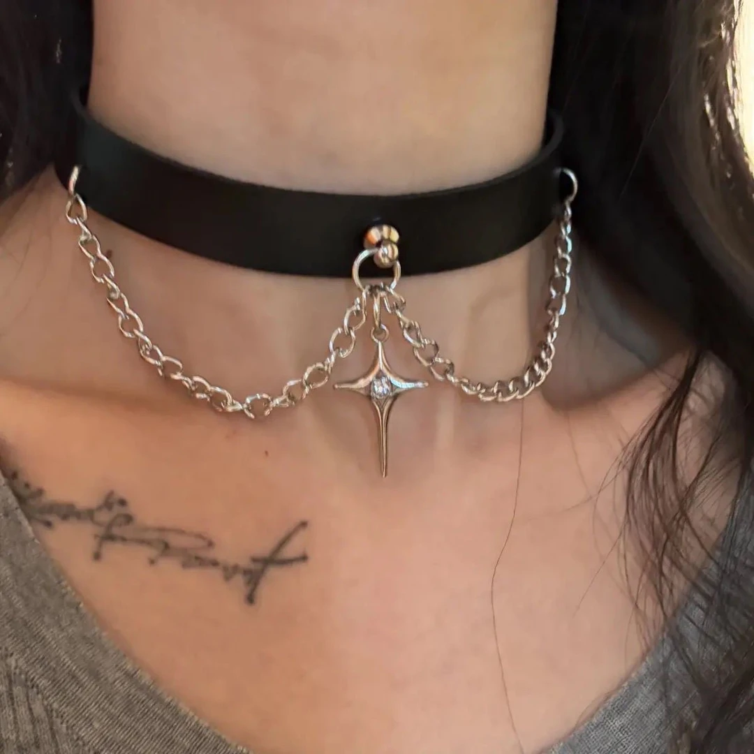 合金皮质项链 暗黑朋克四芒星项圈choker十字架皮质辣妹项链复古