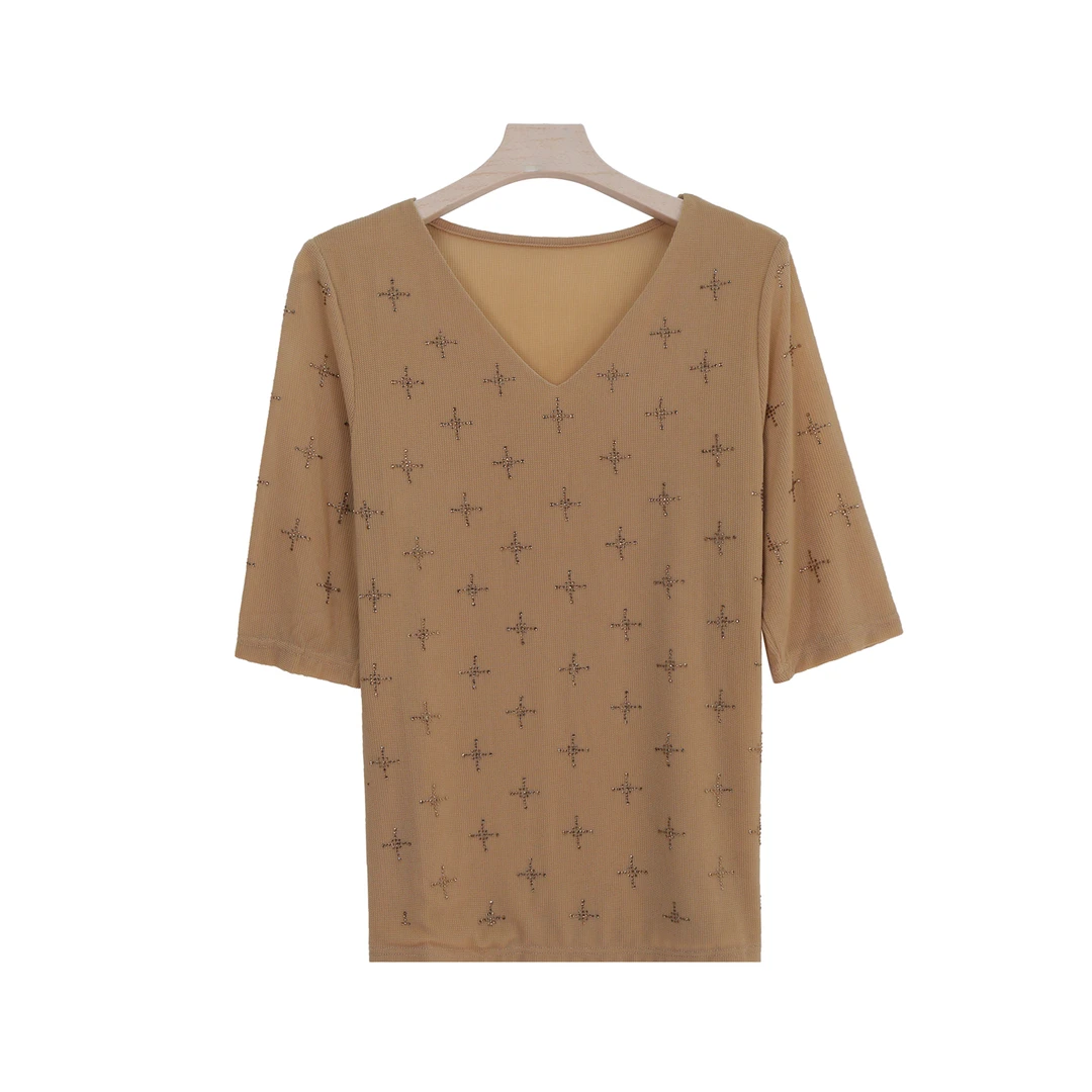 时尚气质V领重工烫钻显瘦百搭上衣S1288