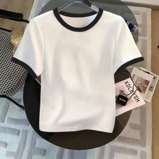 2025新款正肩撞色短袖T恤女时尚百搭洋气减龄显瘦短款上衣潮