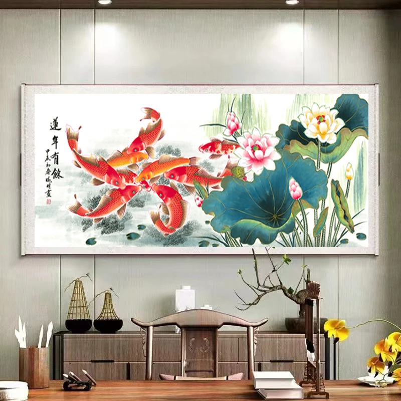 2.1米《连年有余》-横幅-客厅-花鸟挂画