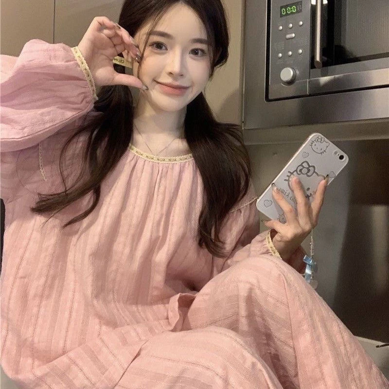 新款甜美春秋季睡衣2025长袖长裤休闲蕾丝可外穿家居服套装简约