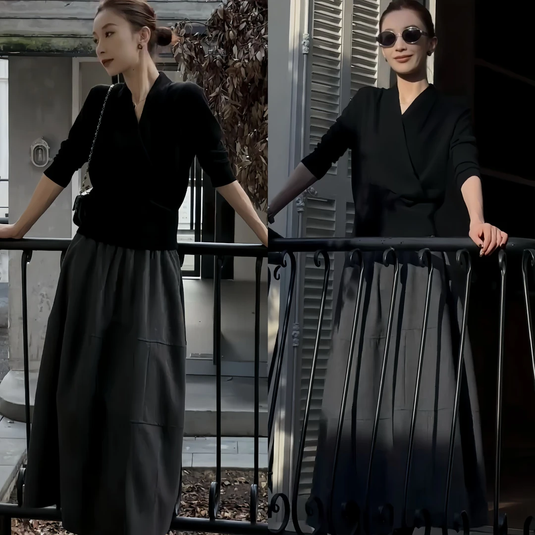 2025秋冬新款法式赫本风气质百搭长袖打底上衣高腰显瘦半身裙套装