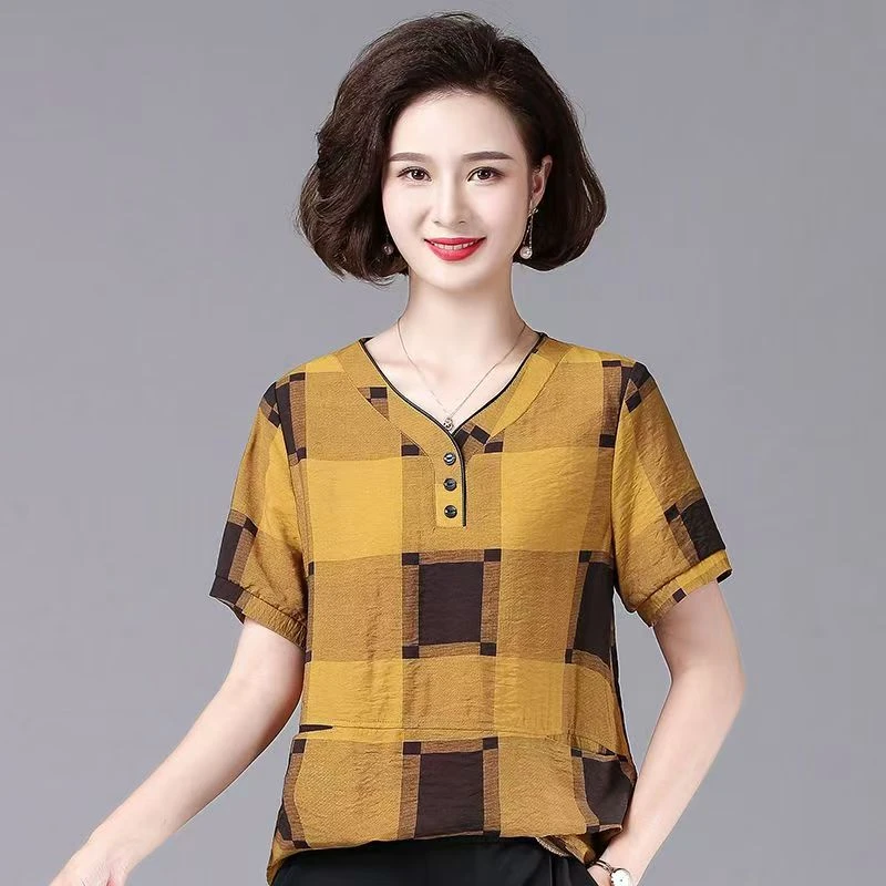 {春姐46}妈妈装夏季休闲短袖格子T恤中老年女装大码薄款小衫上衣