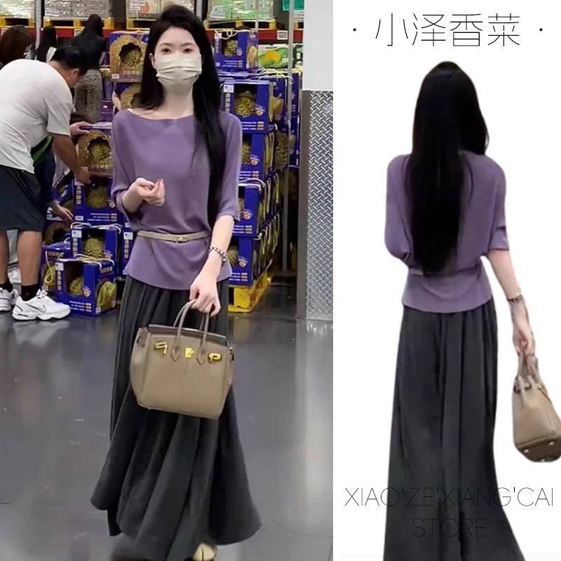 法式不规则斜肩紫色冰丝短袖针织T恤女夏季宽松显瘦露肩收腰上衣