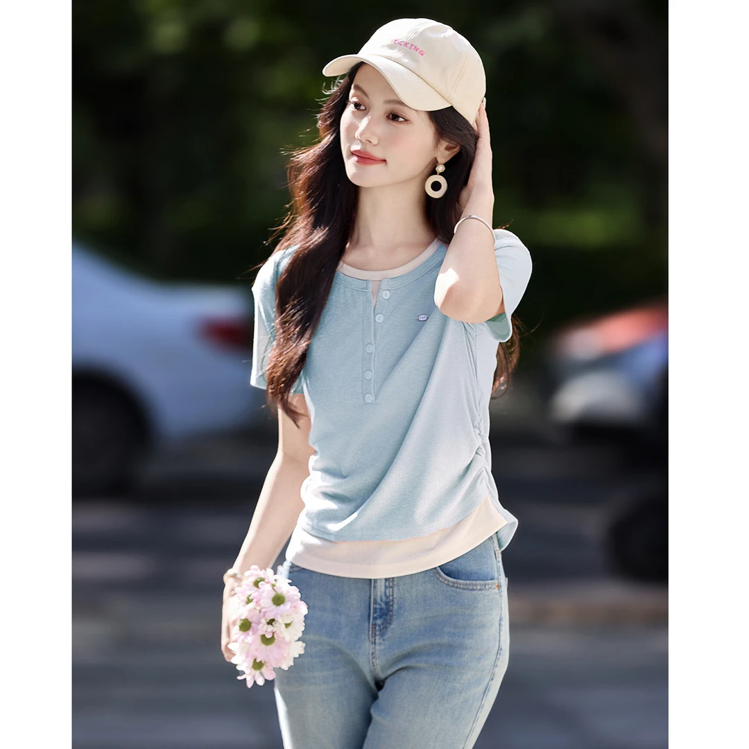 尚静通勤风假两件抽褶收腰圆领短袖T恤2025夏季新款时尚休闲百搭