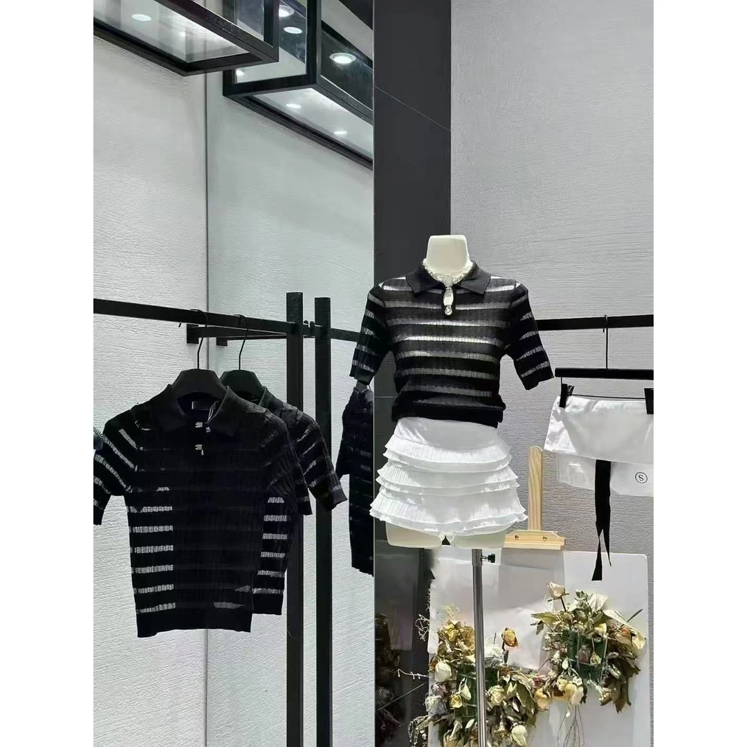 小香减龄学院风POLO领条纹套头短袖针织衫上衣女