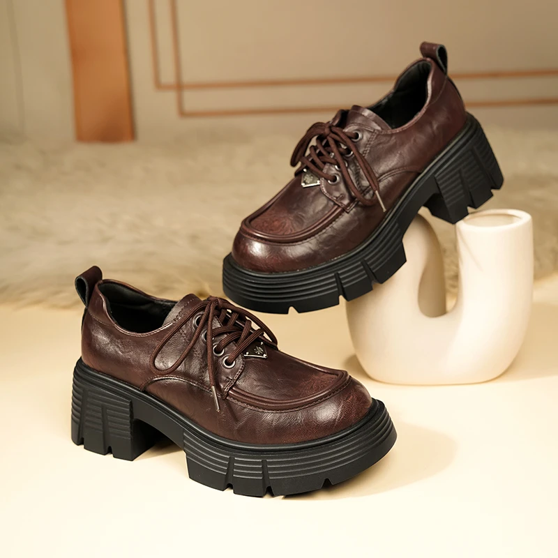 2025新款英伦风百搭系带时尚圆头气质粗跟厚底小皮鞋（QYX3916-2）