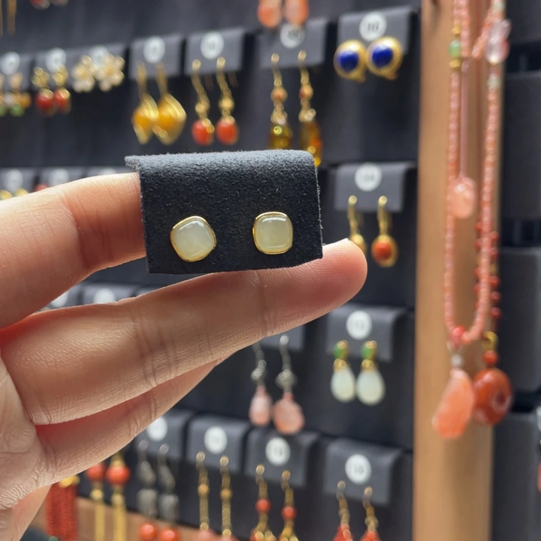 和田玉银S925镶嵌耳饰06号