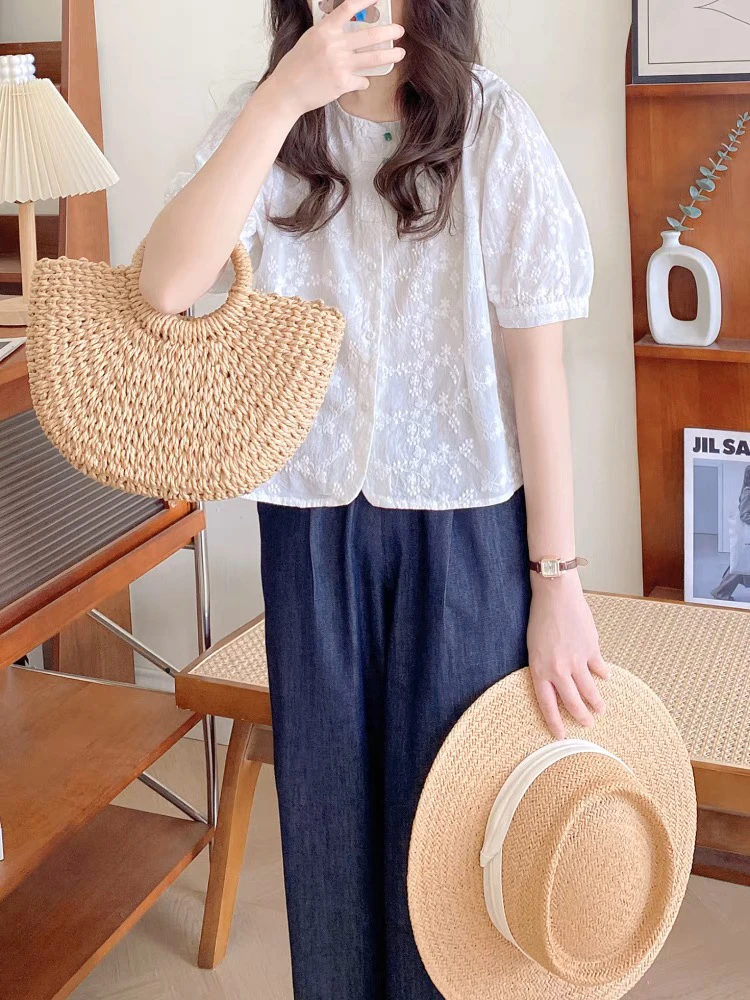 白色衬衫女2025年夏季新款法式甜美宽松圆领小衫刺绣棉质短袖上衣