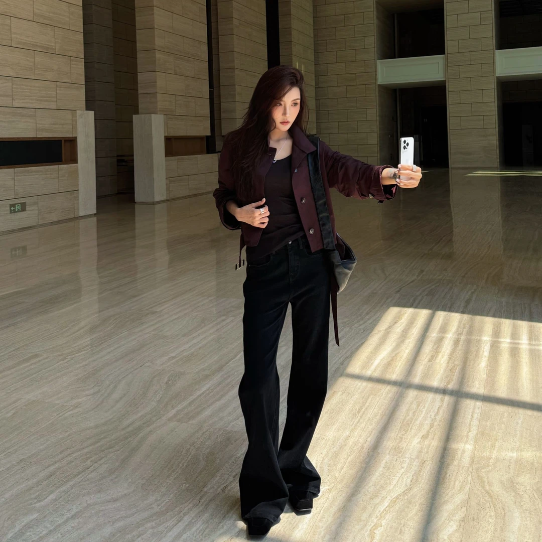 Moprobably李予诺「墨调」美式复古高街修身微喇牛仔裤L5373020