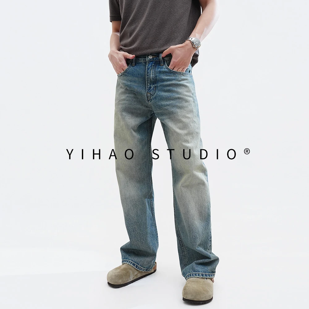 YIHAO STUDIO秋季男士蓝色直筒牛仔裤休闲复古宽松水洗潮流长裤