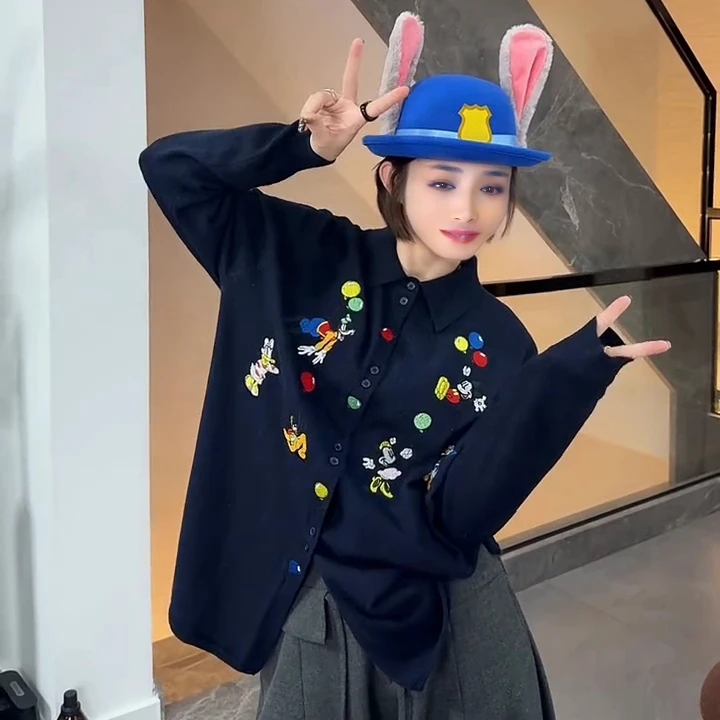 翻领刺绣韩版米奇女针织排扣开衫秋季毛针织衫上衣衬衫长袖