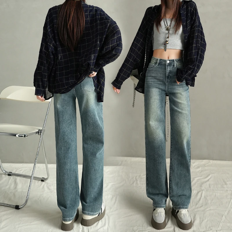 高腰弹力直筒牛仔裤2025秋季新款辣妹窄版不贴腿显瘦修身百搭裤子