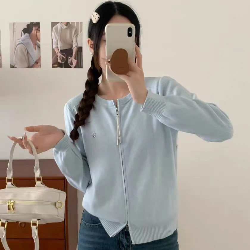【田衣】2025春韩系新款亮色圆领针织开衫女双拉链毛衣外套上衣