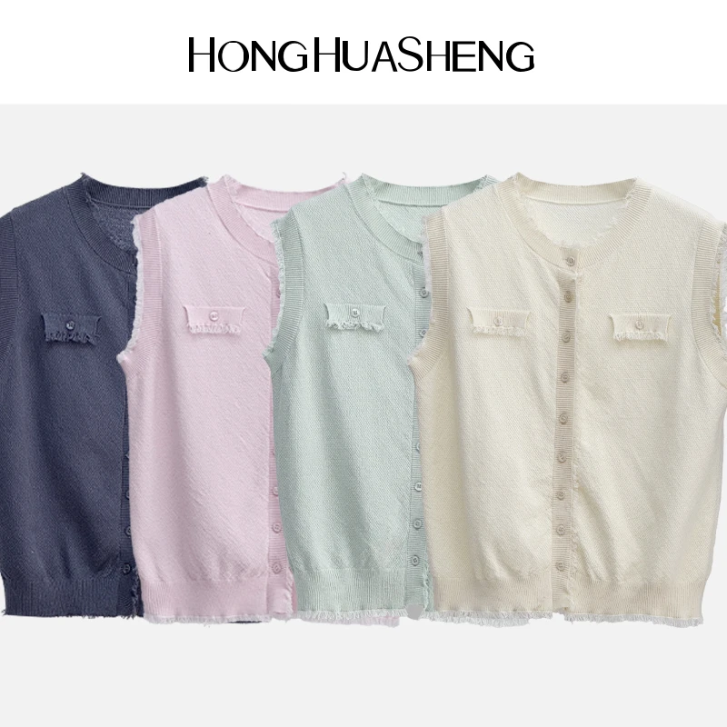 HONGHUASHENG早春新款设计感法式棉麻毛边马甲背心女-25139