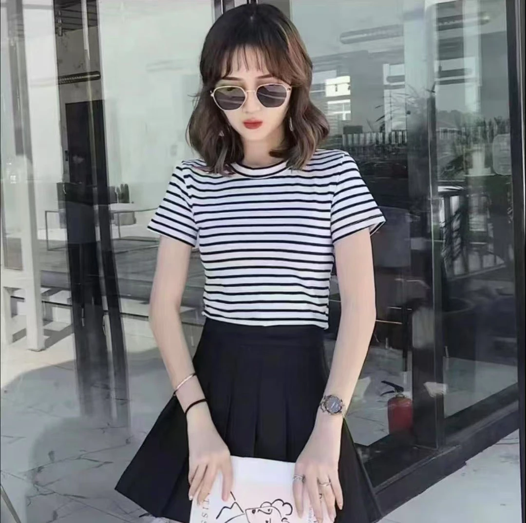 短袖宽松型圆领条纹吸汗常规T恤套装女士休闲夏装显瘦百搭夏季